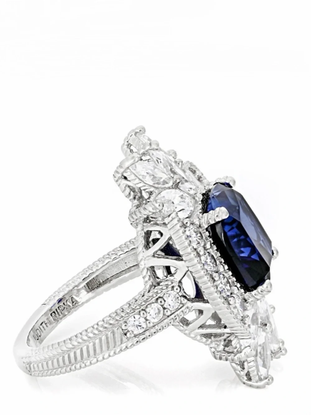 Judith Ripka Lab Blue Sapphire & CZ Rhodium Over Sterling Silver Ring, Size 6